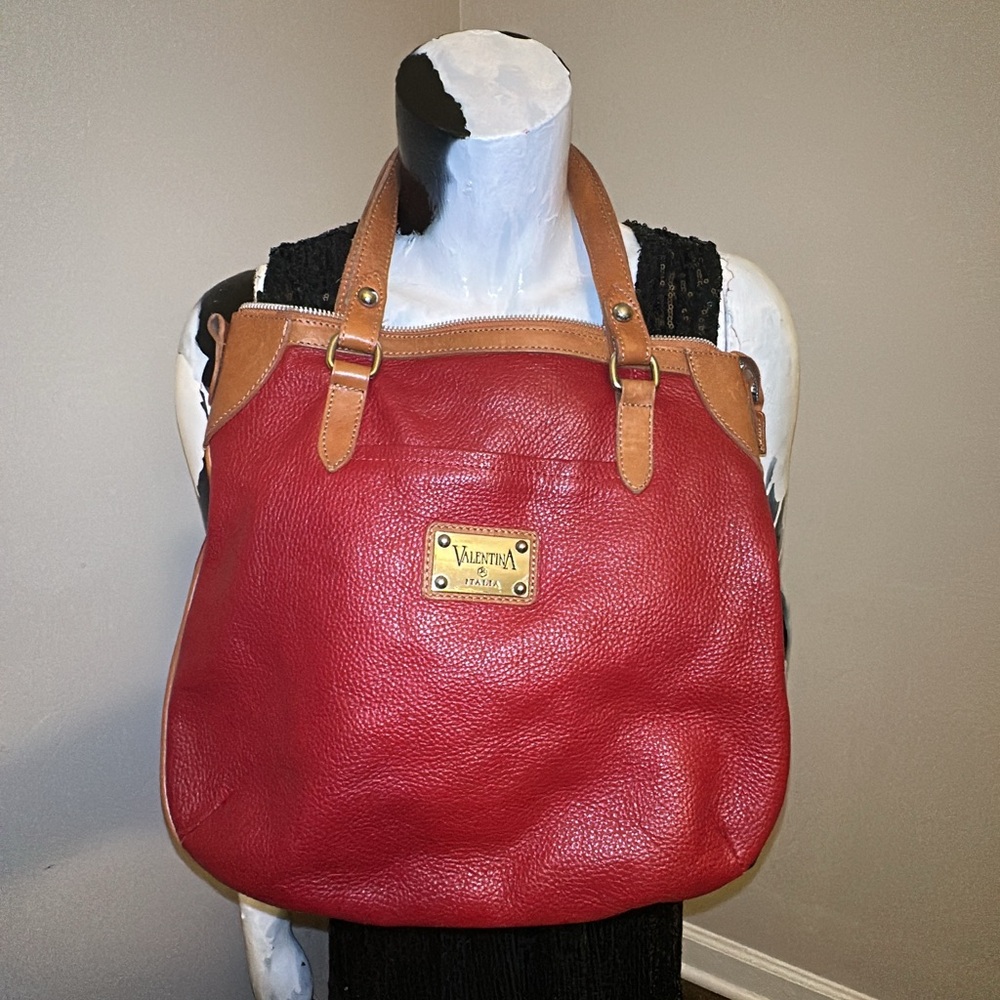 Valentino Italy Red Pebble and Tan all leather Shoulder Bag